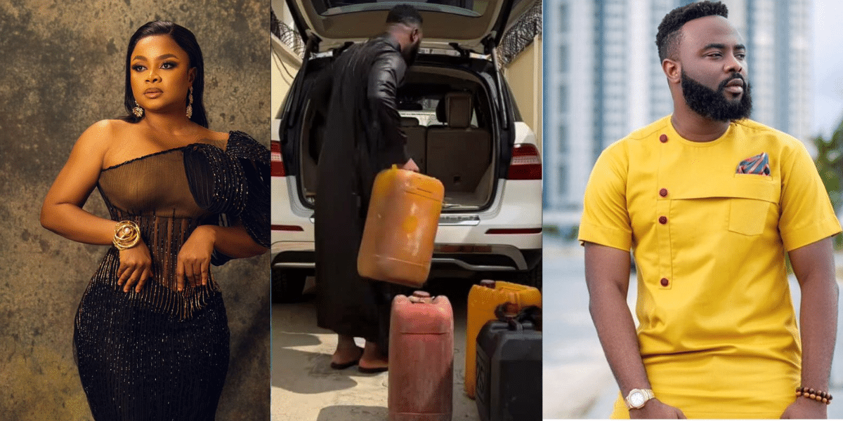 Bimbo Ademoye reacts to VJ Adams’ fuel gallons after her father’s 5-Gallon surprise