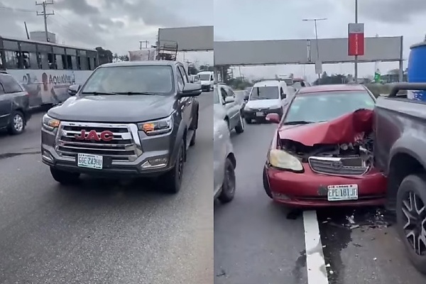 Toyota Corolla Badly Damaged After Rear-ending A JAC Pickup In Lagos (PHOTOS) 